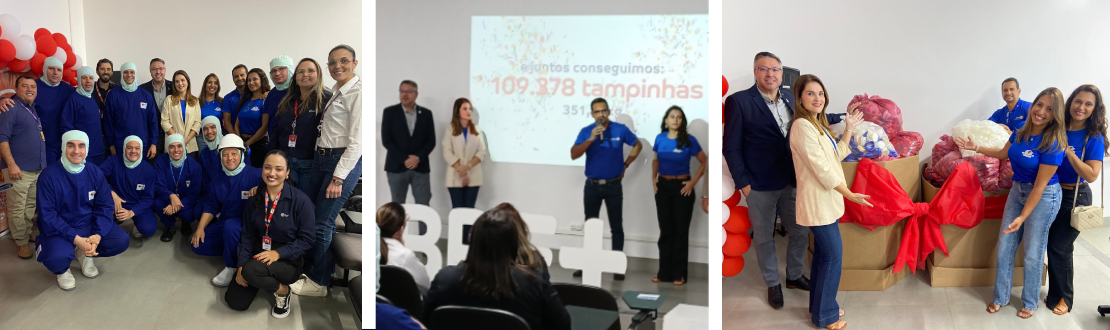 Montagem com três fotos, sendo da esquerda para direita: parte dos voluntários e voluntárias participantes da campanha, apresentação da quantidade de tampinhas arrecadadas durante a campanha e voluntárias e voluntários em frente a caixa de papelão com parte das tampinhas arrecadadas.