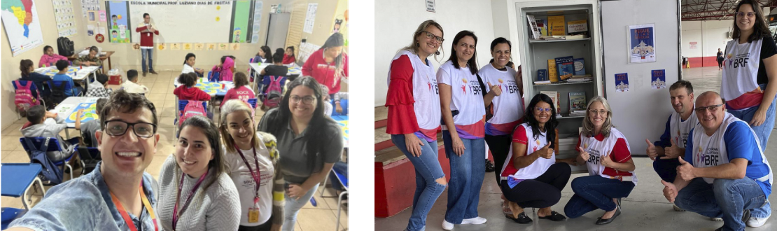 Montagem com duas fotos de ações do voluntariado em 2023. Da esquerda para direita: estilo selfie com voluntárias e voluntários de Jataí (GO) dentro de uma sala de aula com crianças sentadas em suas carteiras e na outra imagem há um grupo de voluntárias e voluntários de Capinzal (SC) em frente a uma geladeiroteca em uma área externa de uma escola.