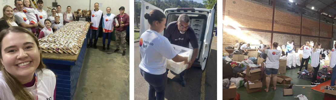 Montagem com três fotos de voluntárias e voluntários do Instituto BRF atuando durante a campanha em prol do Rio Grande do Sul. Da esquerda para a direita: foto em estilo selfie de voluntários após organizarem lanches para serem entregues. No centro, uma voluntária entrega uma caixa com marmitas para um homem que abastece o porta malas de um carro. Por último há a foto de um grupo de voluntárias e voluntárias no interior de um galpão fazendo a triagem de doações.