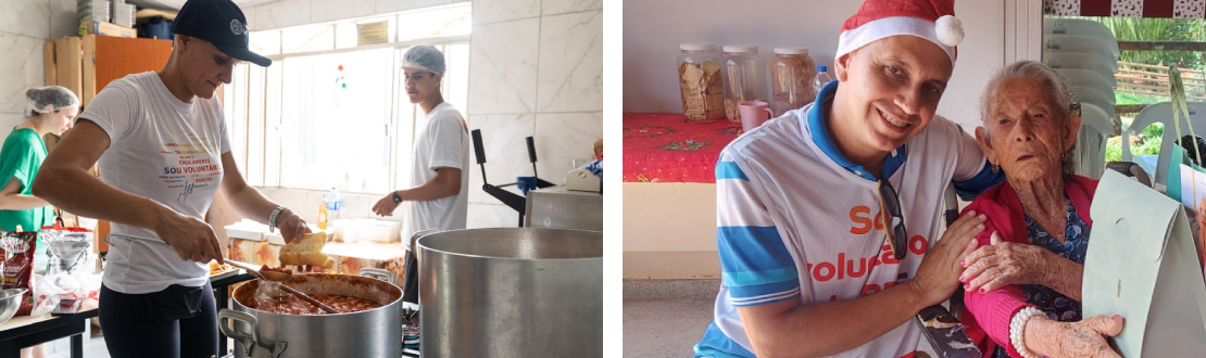 Montagem com duas fotos, sendo que a da esquerda mostra pessoas preparando alimentos em uma cozinha, com panelas grandes, e a da direita regista um voluntário interagindo com uma idosa.