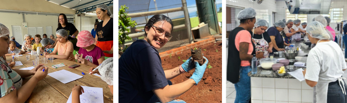 Montagem com três fotos, sendo da esquerda para direita: crianças e voluntárias cozinhando, voluntária segurando uma mudinha, mulheres em uma cozinha.