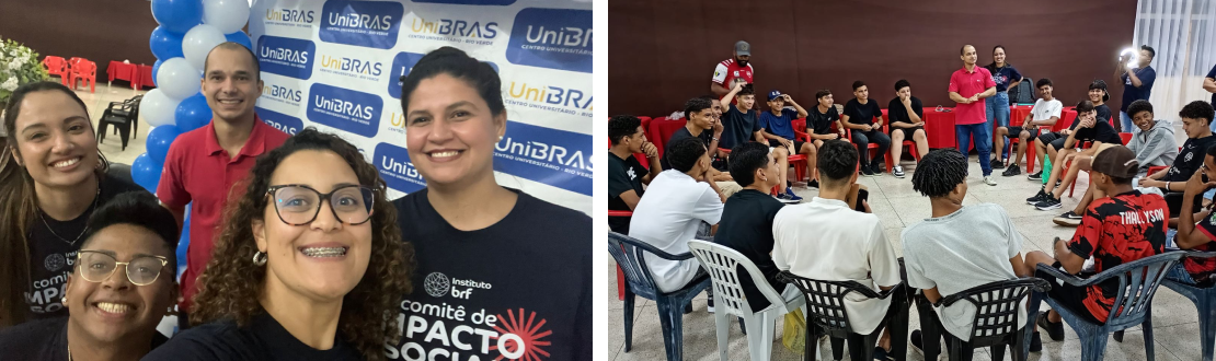 Montagem com duas fotos, sendo que a da esquerda é a equipe do Instituto MBRF, com participantes dos comitês, e a da direita é uma roda de participantes com um representante do projeto ao centro.