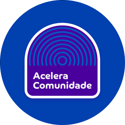 Arte com fundo azul com o selo do programa Acelera Comunidade.