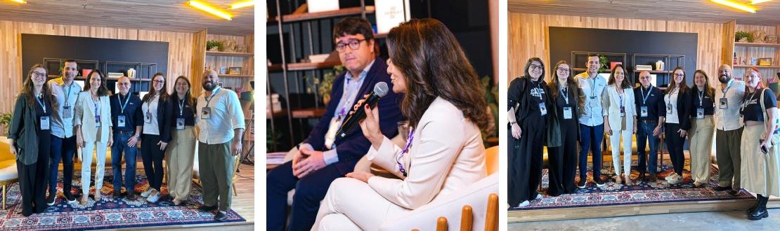 Montagem com três fotos, sendo que a da esquerda é a equipe do Instituto MBRF com lideranças e Comitê de Impacto Social de Lajeado, Raquel Ogando com microfone durante sua participação no painel, e representantes do Instituto MBRF com pessoal da Ação Cidadania.