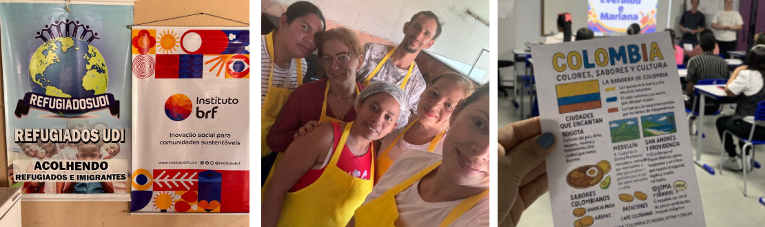 Montagem com três fotos, sendo que a da esquerda  mostra banners do projeto Refugiados UDI ao lado do banner do Instituto MBRF, a foto do meio registra os participantes durante a atividade, e a foto da direita apresenta uma foto da Colômbia sendo exibida em sala de aula.