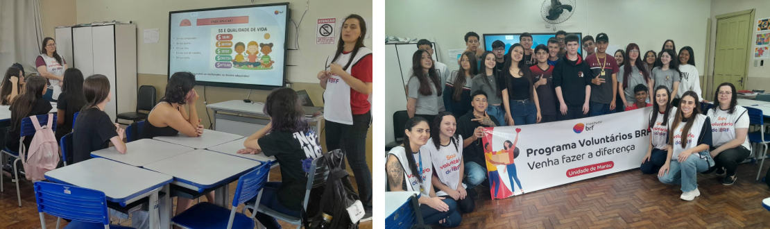 Montagem com 2 fotos de registro das atividades realizadas em sala de aula com os estudantes e voluntários. Da esquerda para direita: foto da TV com os jovens prestando atenção na atividade. Voluntária de pé com o colete do Instituto BRF.