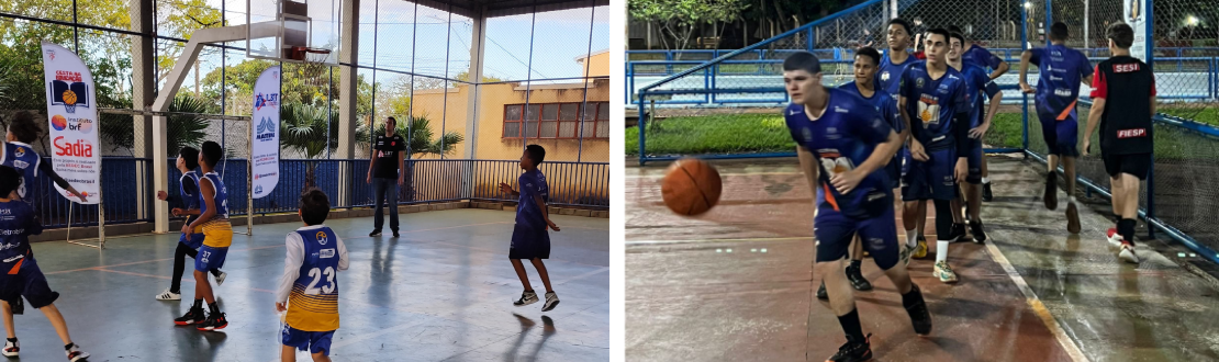 Montagem com duas fotos de meninos em diferentes idades jogando basquete.