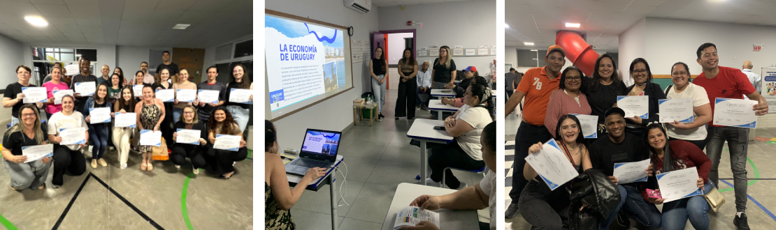 Montagem com três fotos, sendo da esquerda para a direita: duas turmas segurando certificados e um grupo fazendo a apresentação de encerramento do curso.