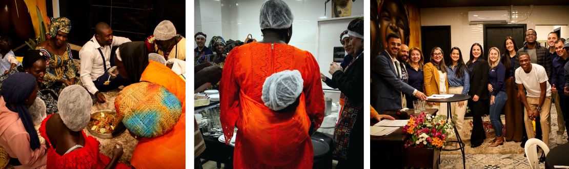 Montagem com três fotos do evento de lançamento do Cozinha Solidária. Da esquerda para a direita: grupo de pessoas sentadas no chão ao redor de uma panela com comida, criança envolta em um pano enrolado nas costas de uma mulher e grupo de pessoas posando lado a lado.