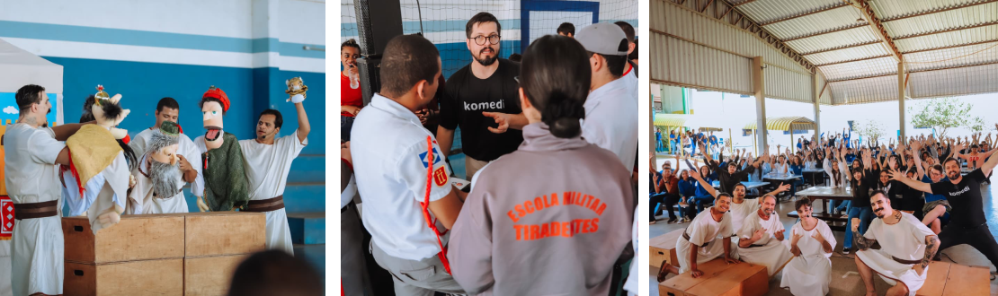 Montagem com três fotos, sendo que da esquerda para a direita é um registro de um ato da peça onde os atores estão com fantoches nas mãos, responsável pelo projeto conversando com jovens de uma das escolas onde foram feitas as apresentações e grupo de atores com jovens após uma das apresentações.