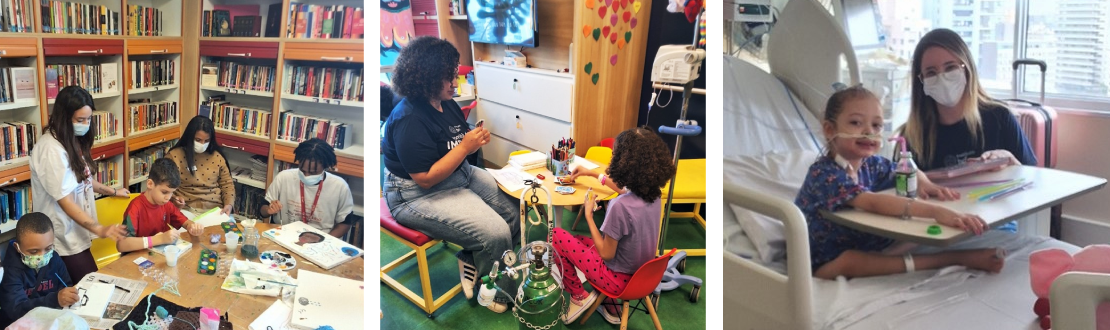 Montagem com três fotos de momentos da ação. Da esquerda para direita: voluntárias estão em uma sala de biblioteca com as crianças, voluntária joga cartas com uma criança que usa respirador, e uma voluntária conversa com uma menina em uma cama.