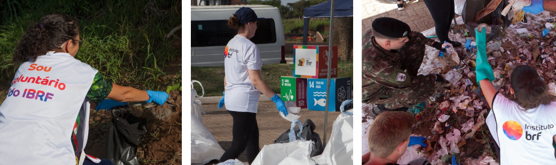 Montagem com três fotos de momentos das pessoas voluntárias durante a ação. Da esquerda para direita: voluntária recolhendo resíduos, voluntária em pé próxima aos sacos com os resíduos, e pessoas voluntárias separando os resíduos.
