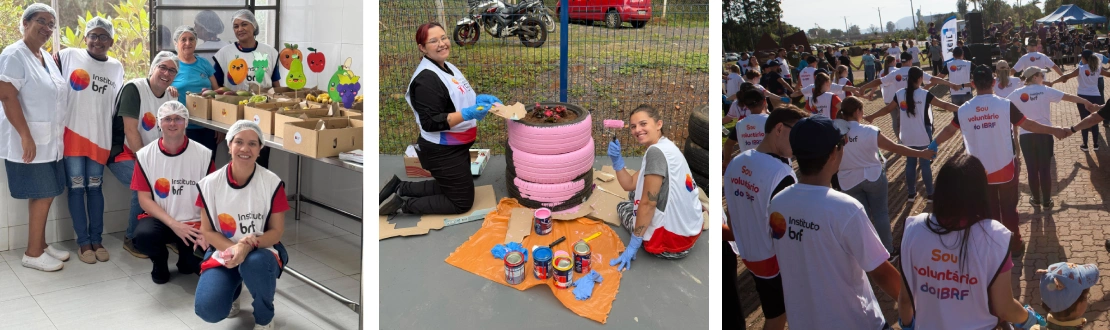 Montagem com três imagens de ações de voluntariado. Da esquerda para a direita: grupo de pessoas voluntárias ao lado de uma mesa com caixas de frutas; duas voluntárias pintando pneus em uma área externa escolar; e pessoas voluntárias de mãos dadas, formando círculos em um espaço aberto.