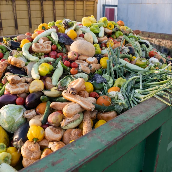 Foto de vários tipos de legumes e verduras empilhados em uma caçamba.