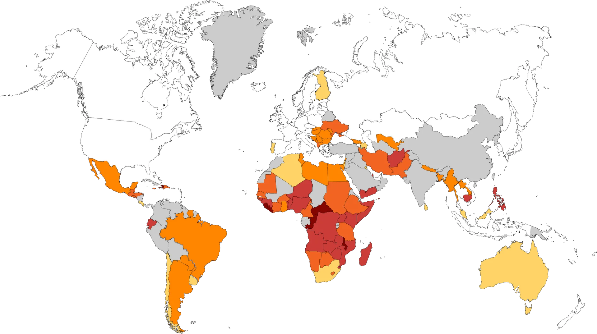 Mapa-múndi com dados sobre a prevalência média de insegurança alimentar moderada ou grave entre 2020 e 2022 indo de 0% a 100%. Algumas regiões como América do Norte, Europa e Ásia estão pintadas de branco, indicando a porcentagem de 0% a 9,9%. Já no Brasil a porcentagem é de 25% a 39,9%.